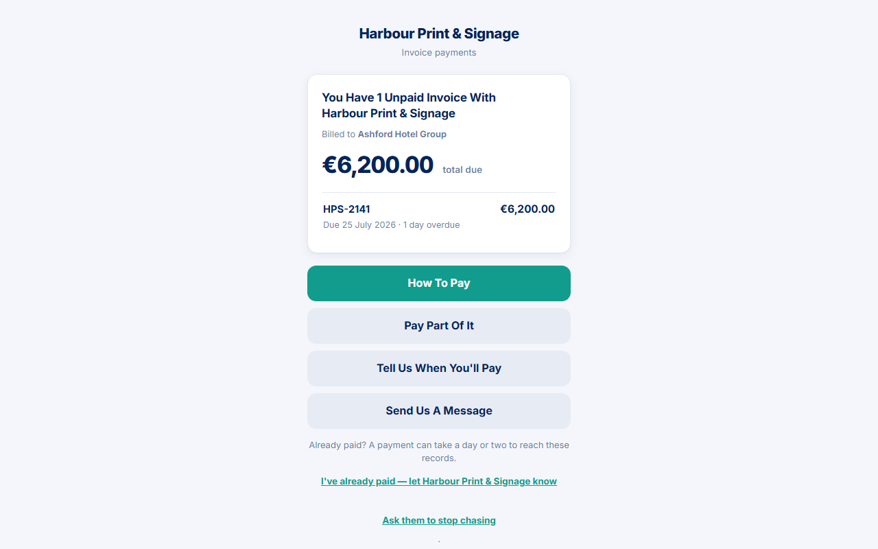Portal home: unpaid invoice list with How to pay, Pay part, promise, and message actions