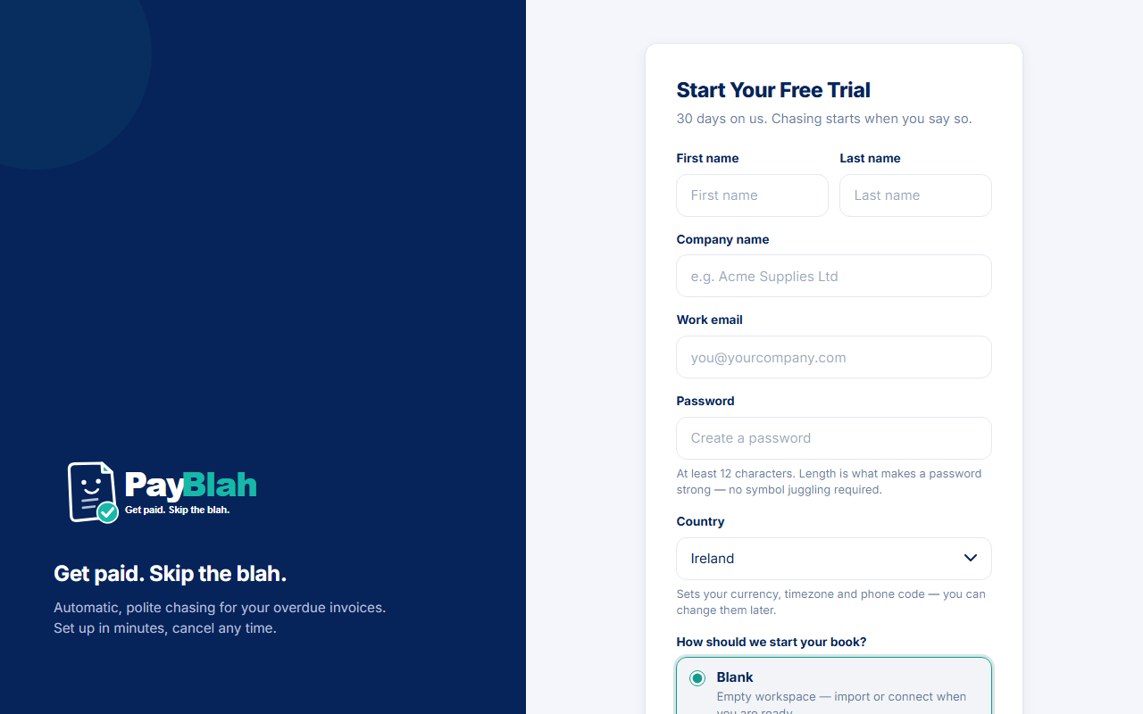 PayBlah signup form with trial fields and Start Your 30-Day Trial button