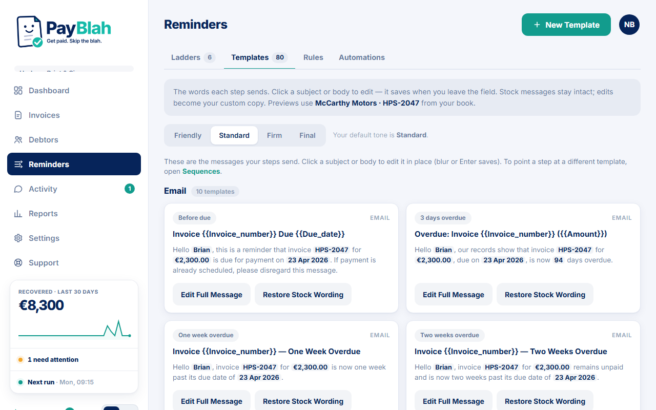 Template editor with merge fields in subject lines