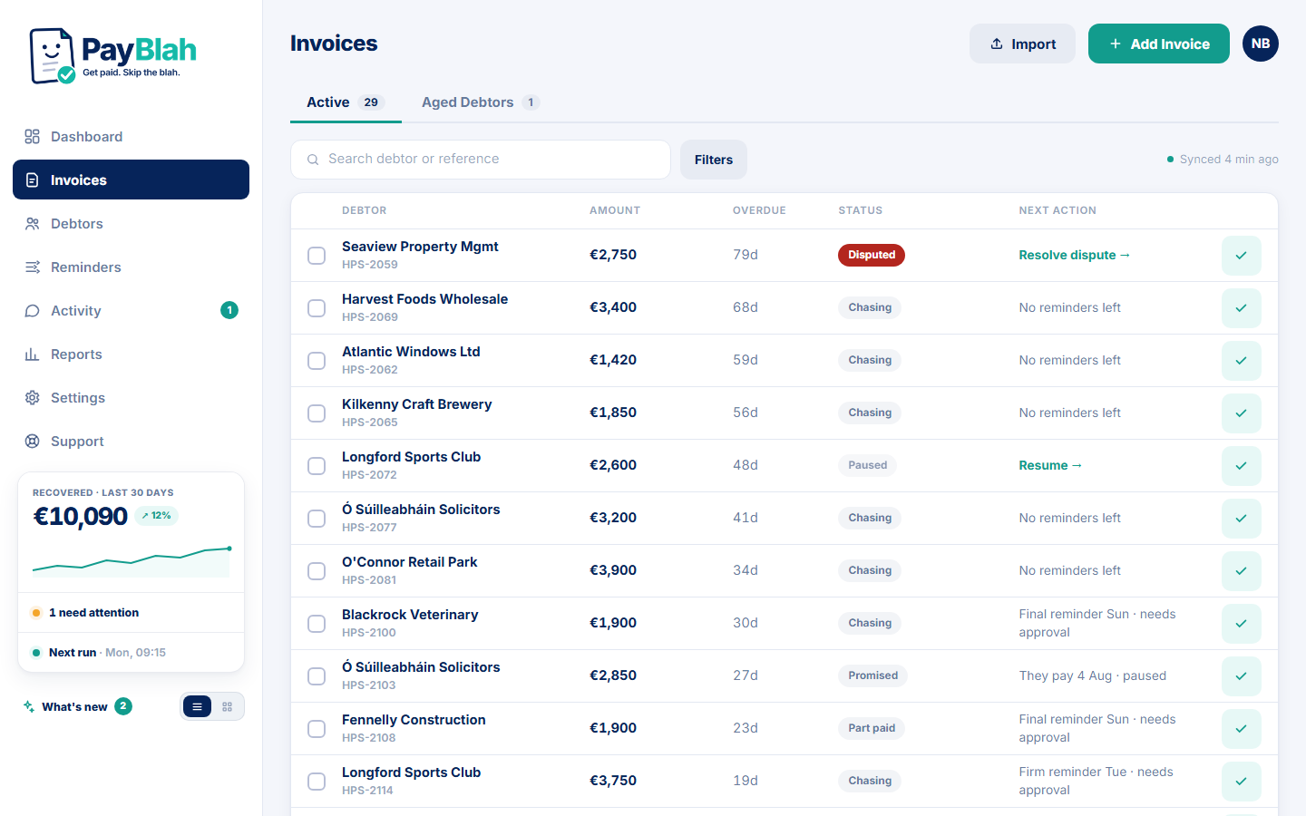 PayBlah's invoice register: a disputed invoice with chasing stopped, paused chases, a promise to pay, and firm reminders marked needs-approval