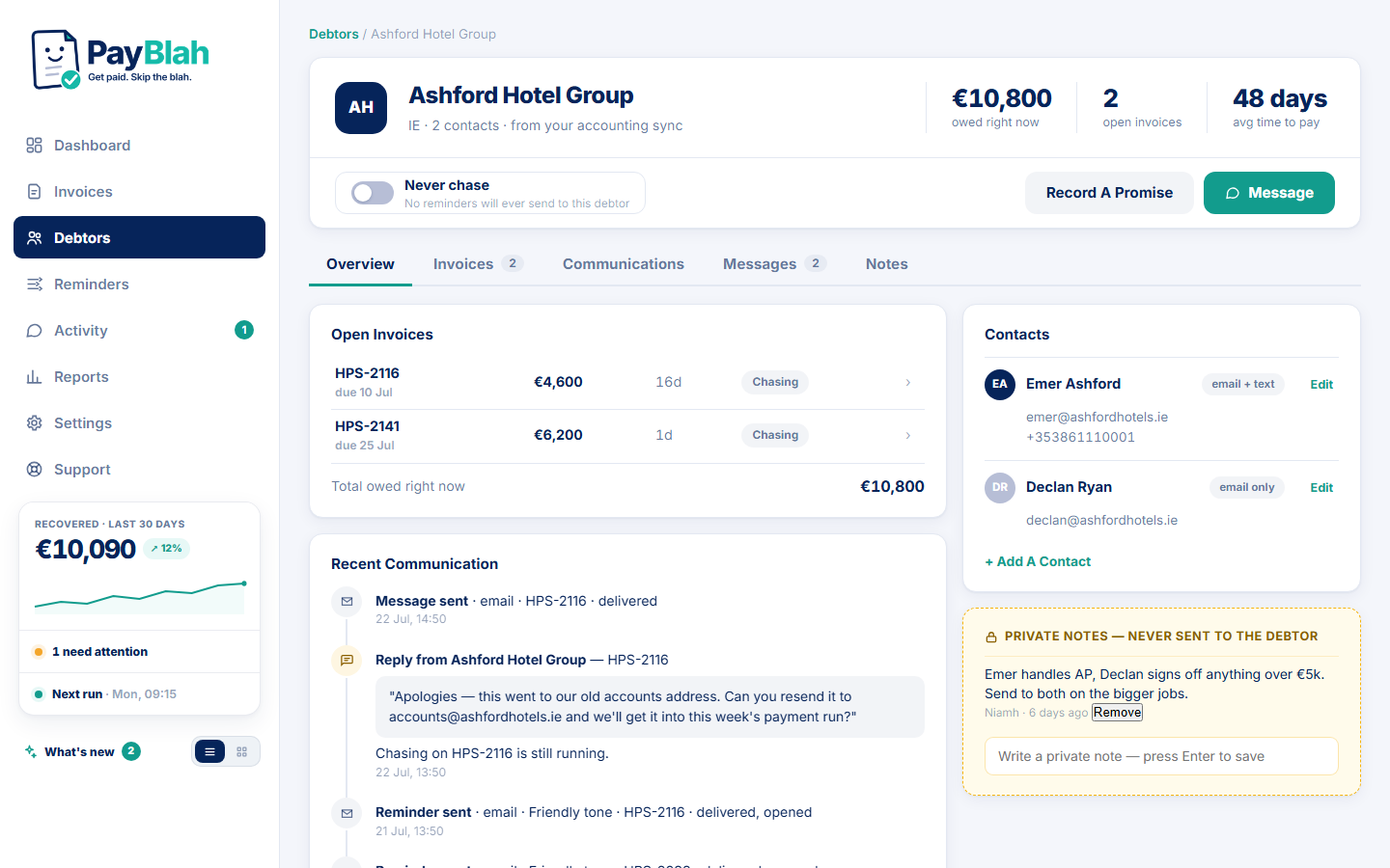 A customer's detail page: their reply has paused the chase, private notes stay private, and the never-chase switch is one click away