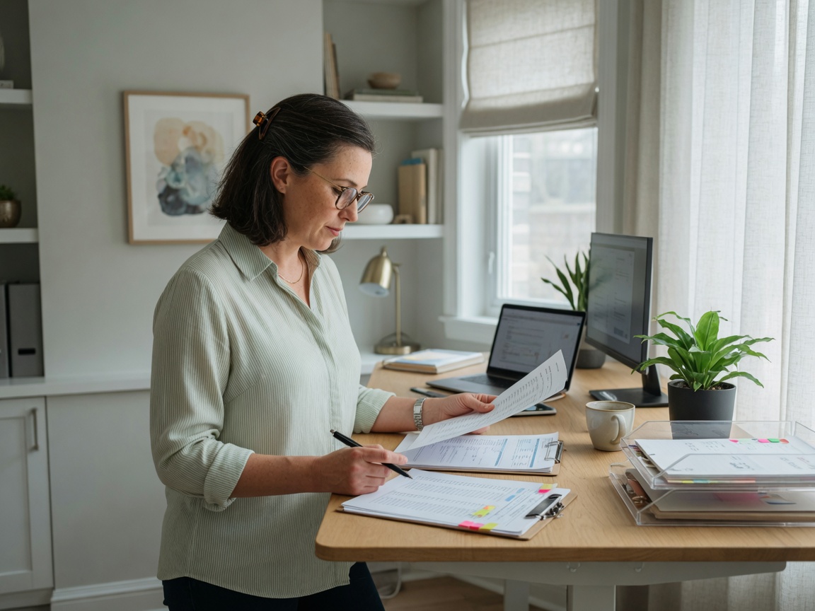 A bookkeeper reviewing paperwork at a standing desk