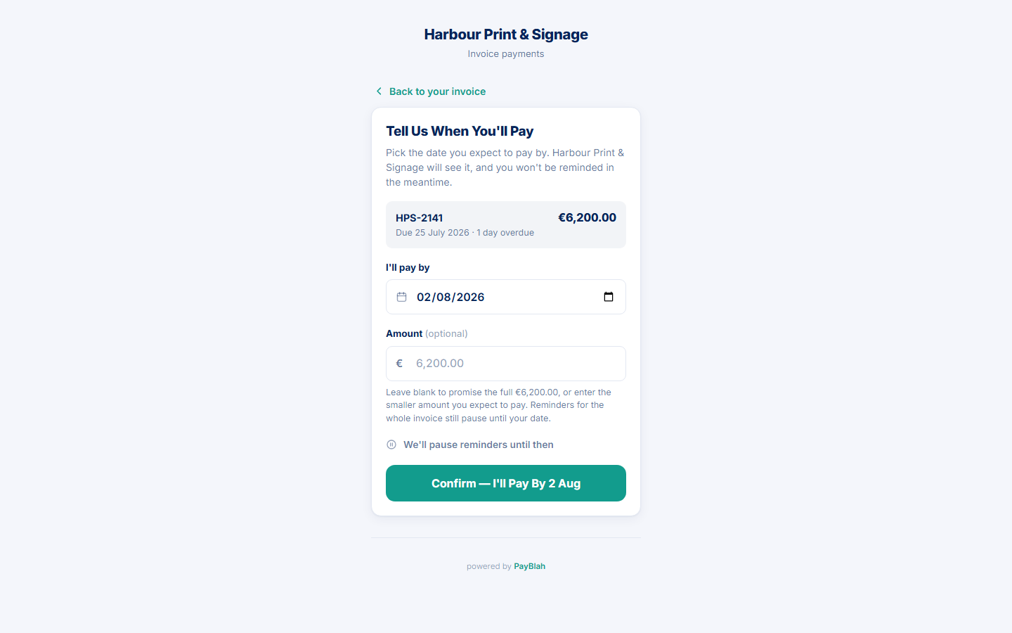 The debtor portal's promise-to-pay screen, where a customer commits to a payment date