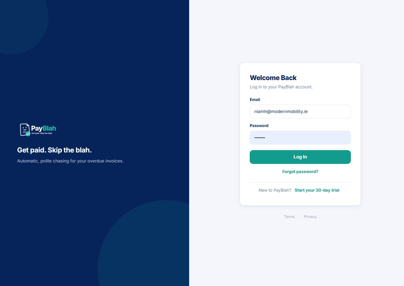 PayBlah's sign-in screen with its navy brand panel