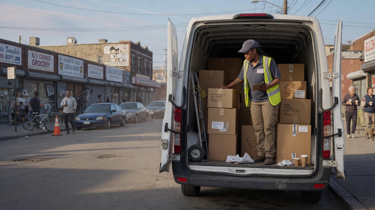 A delivery driver loading parcels into a van