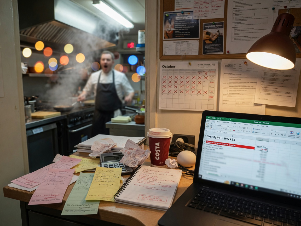 A restaurant back office with a desk of paperwork and supplier invoices