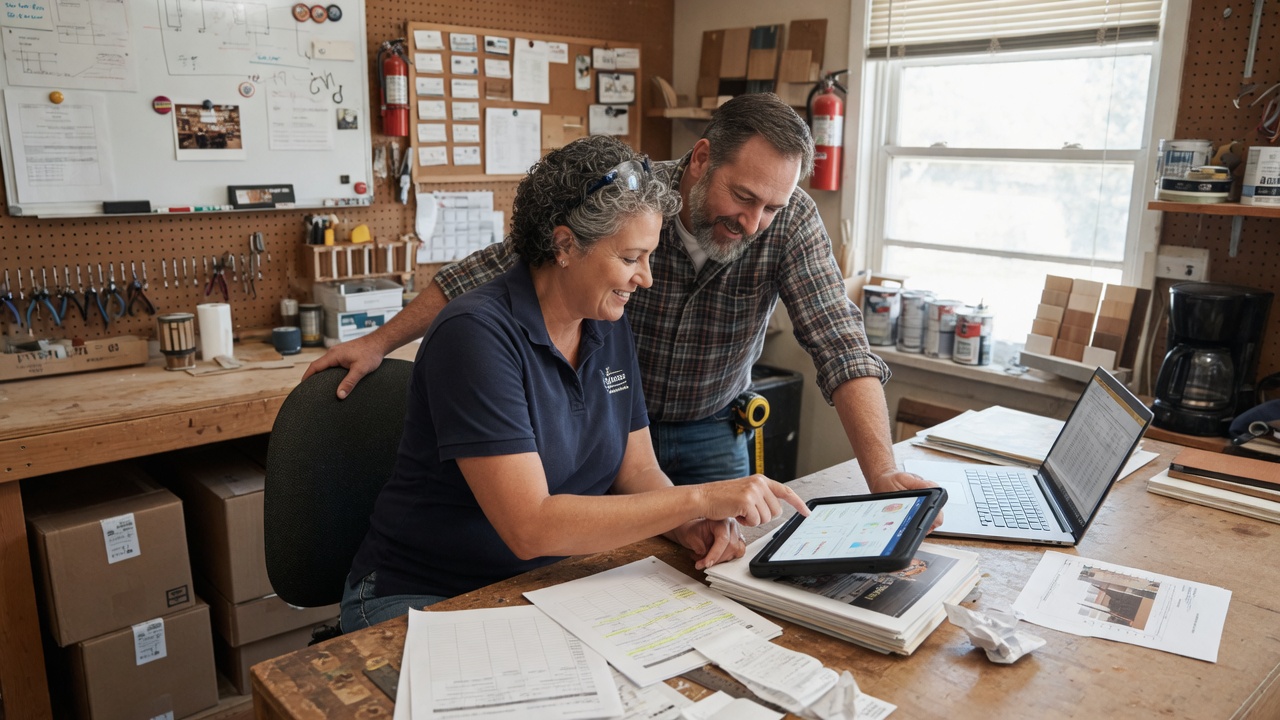 Two workshop partners reviewing their accounts together on a tablet
