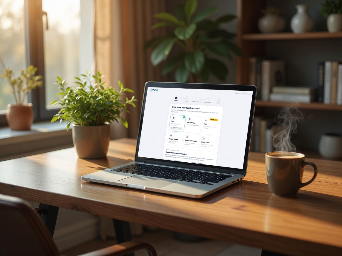A home-office laptop showing PayBlah's connect-your-accounting screen