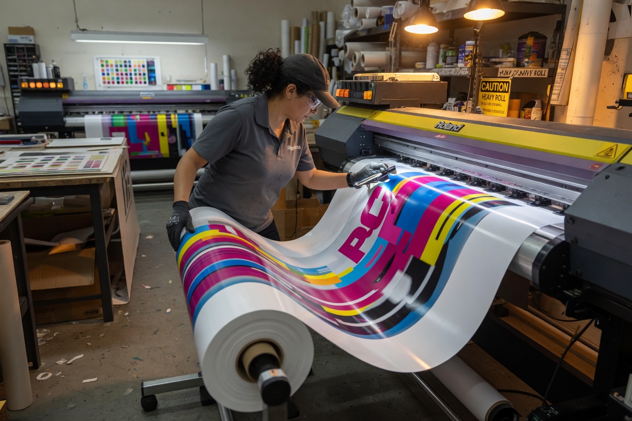 A print operator guiding vinyl off a wide-format printer