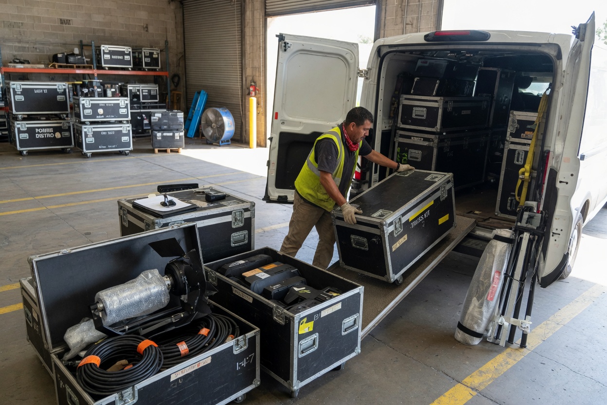 An AV technician loading flight cases at a warehouse dock