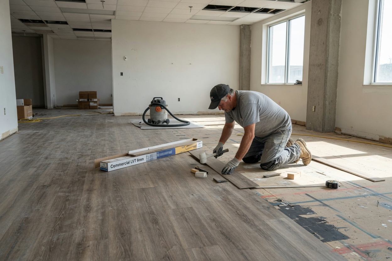 A flooring installer laying planks in an office fit-out