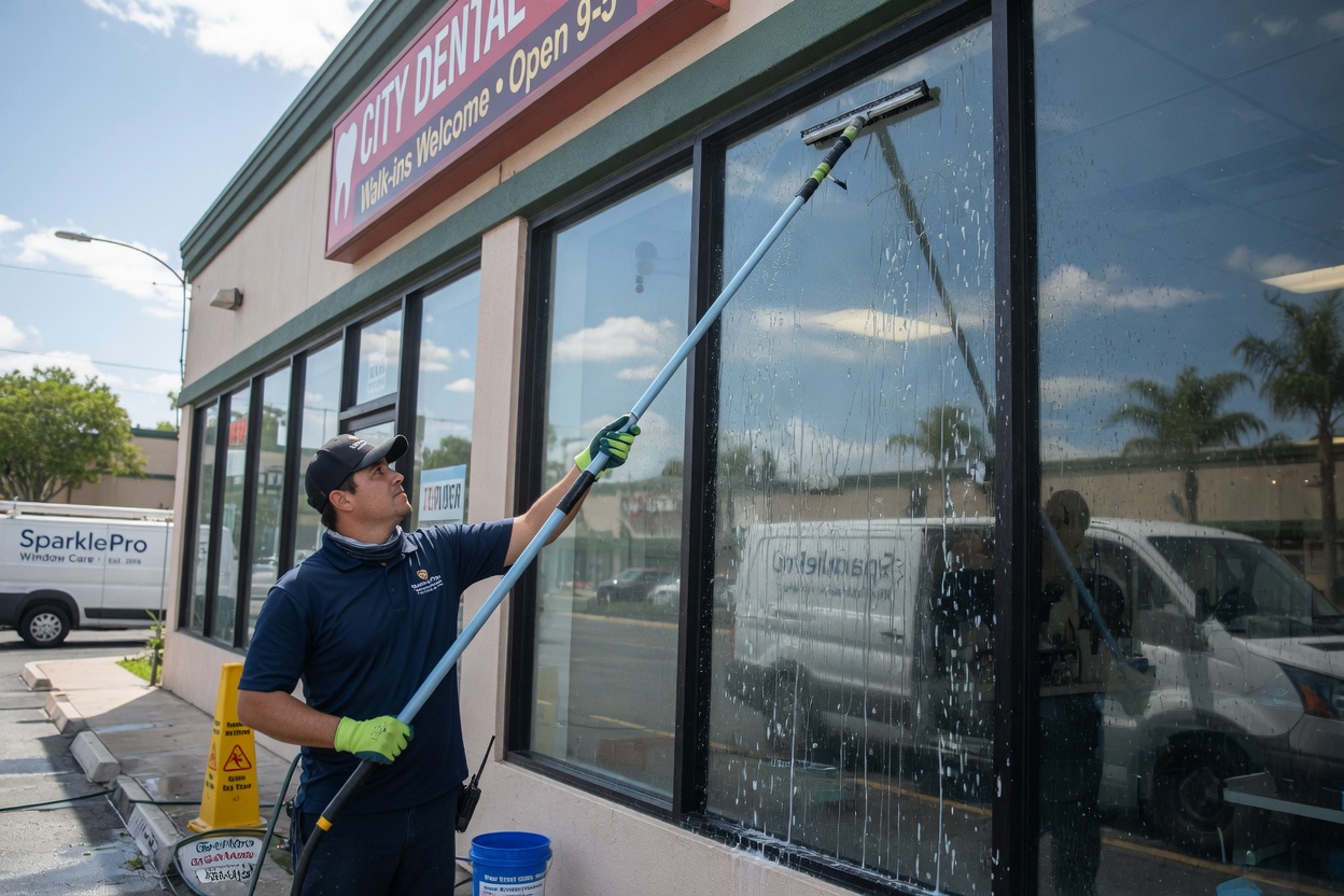 A window cleaner squeegeeing a storefront with a pole