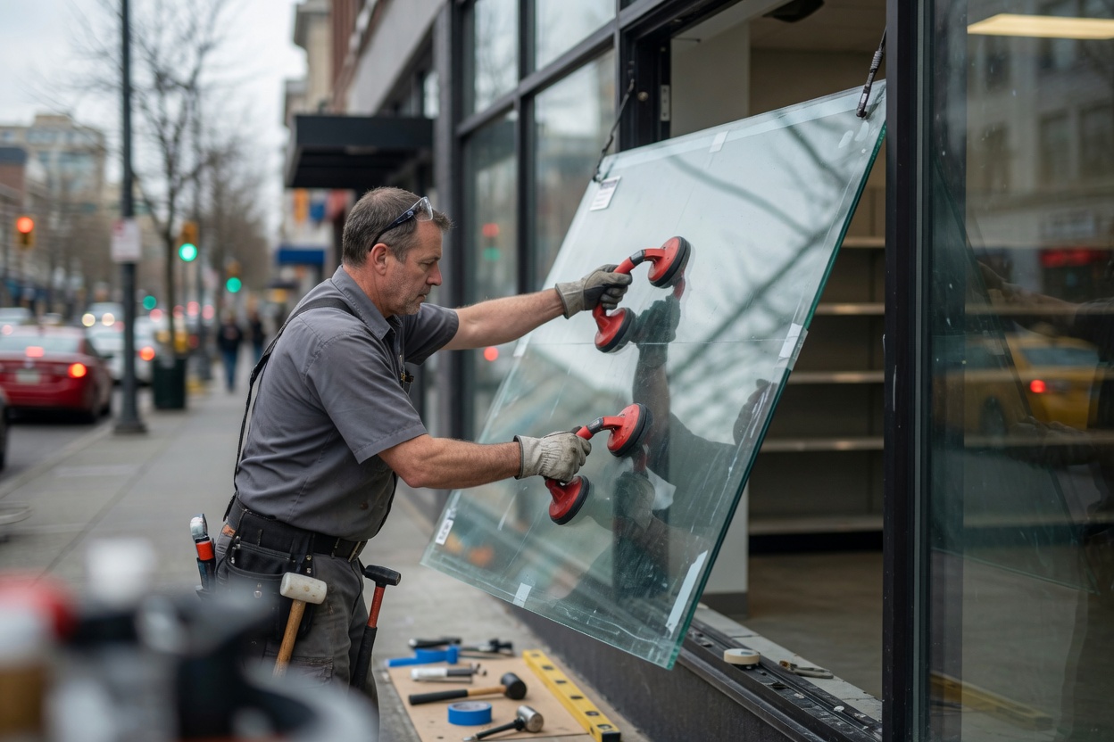A glazier fitting a storefront pane with suction lifters