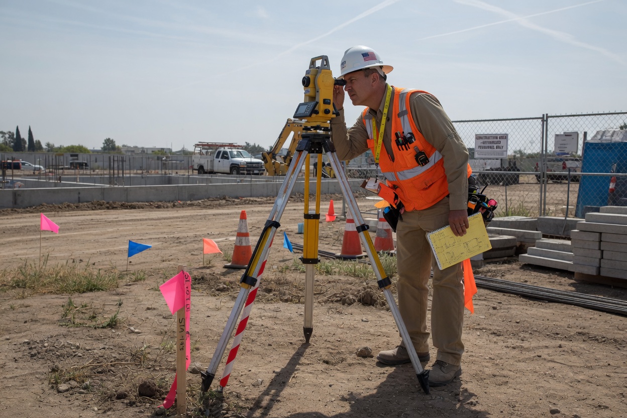 A surveyor sighting through a total station on site