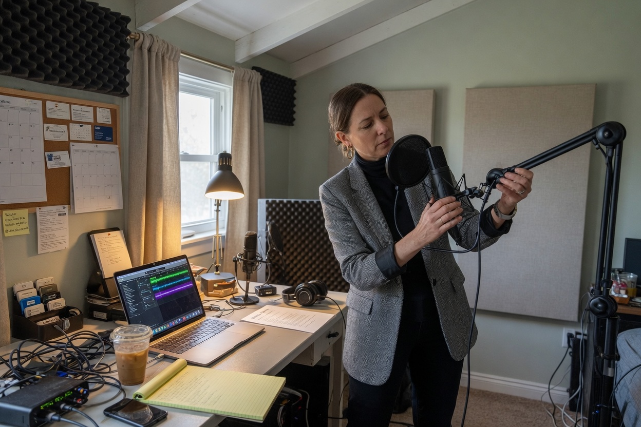 A podcast producer adjusting a studio microphone