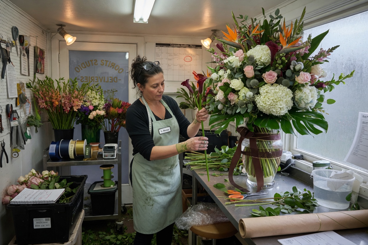 A florist building a large corporate arrangement