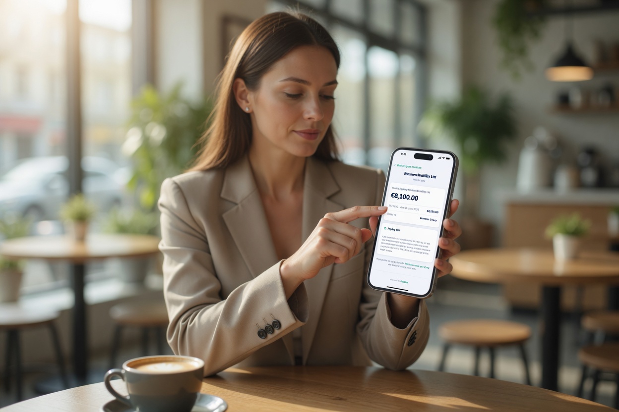 A customer at a café paying an invoice on her phone through the PayBlah portal
